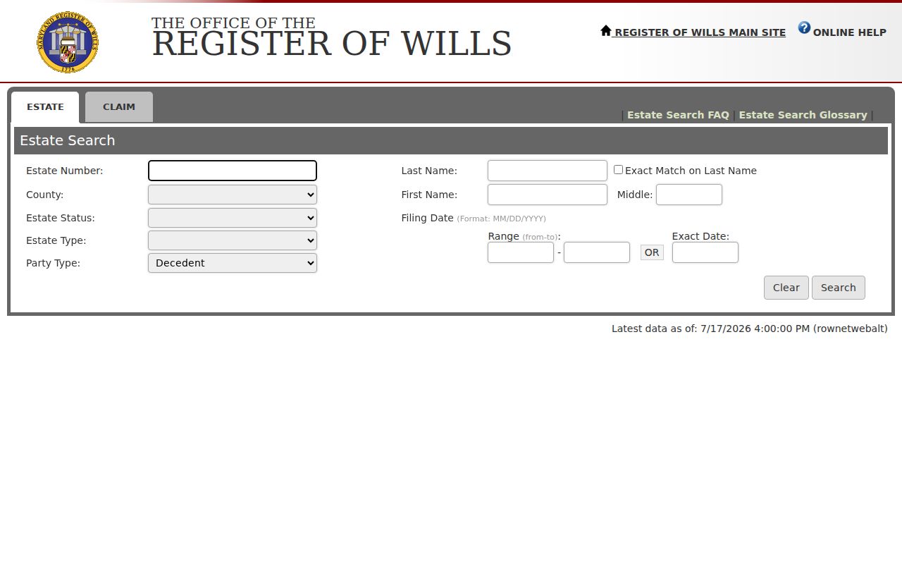 Maryland Register of Wills estate search for Montgomery County probate records