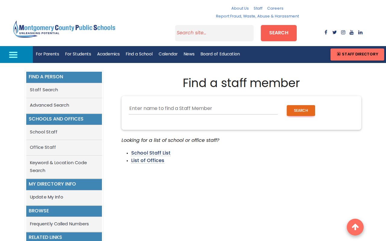 Montgomery County people directories view of the MCPS staff directory