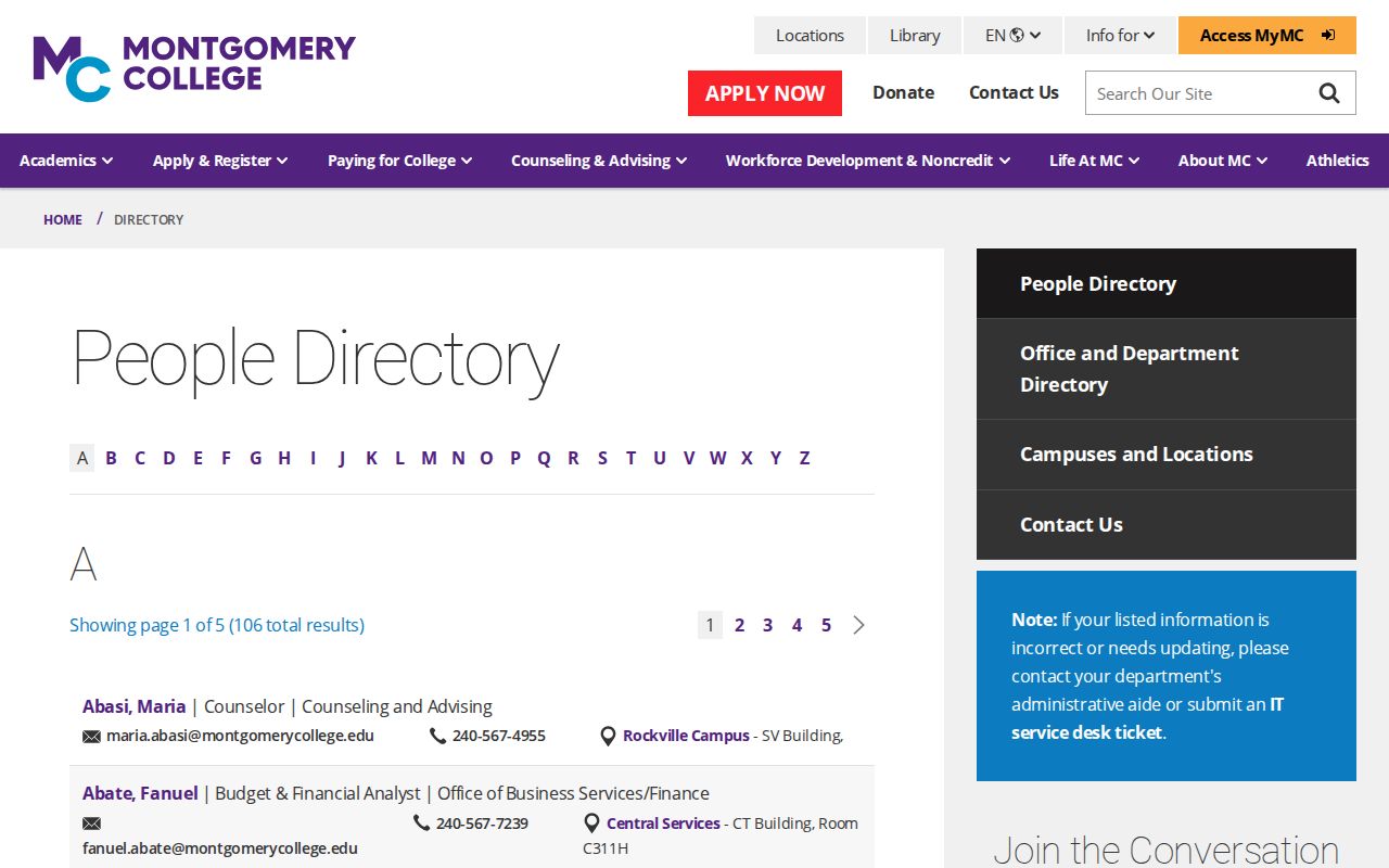 Montgomery County people directories source for Montgomery College faculty and staff