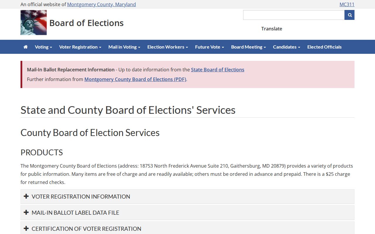 Montgomery County voter registration records product page from the Board of Elections